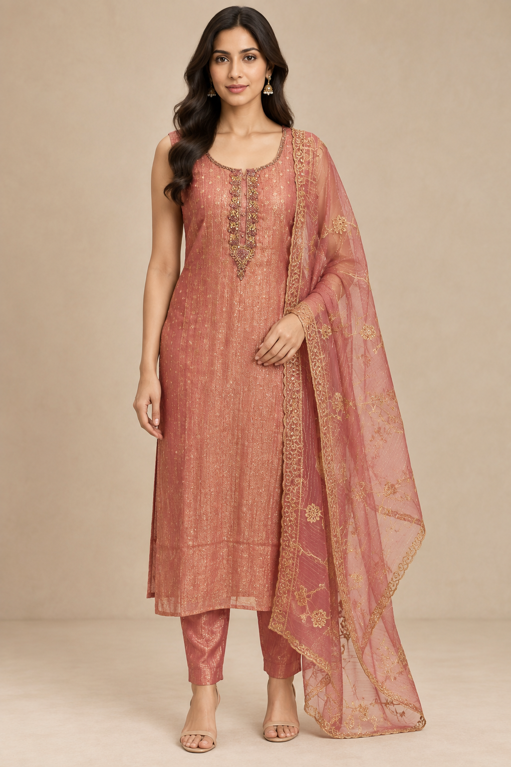 Dusty Rose Embroidered Straight Suit Set with Organza Dupatta Product Type: